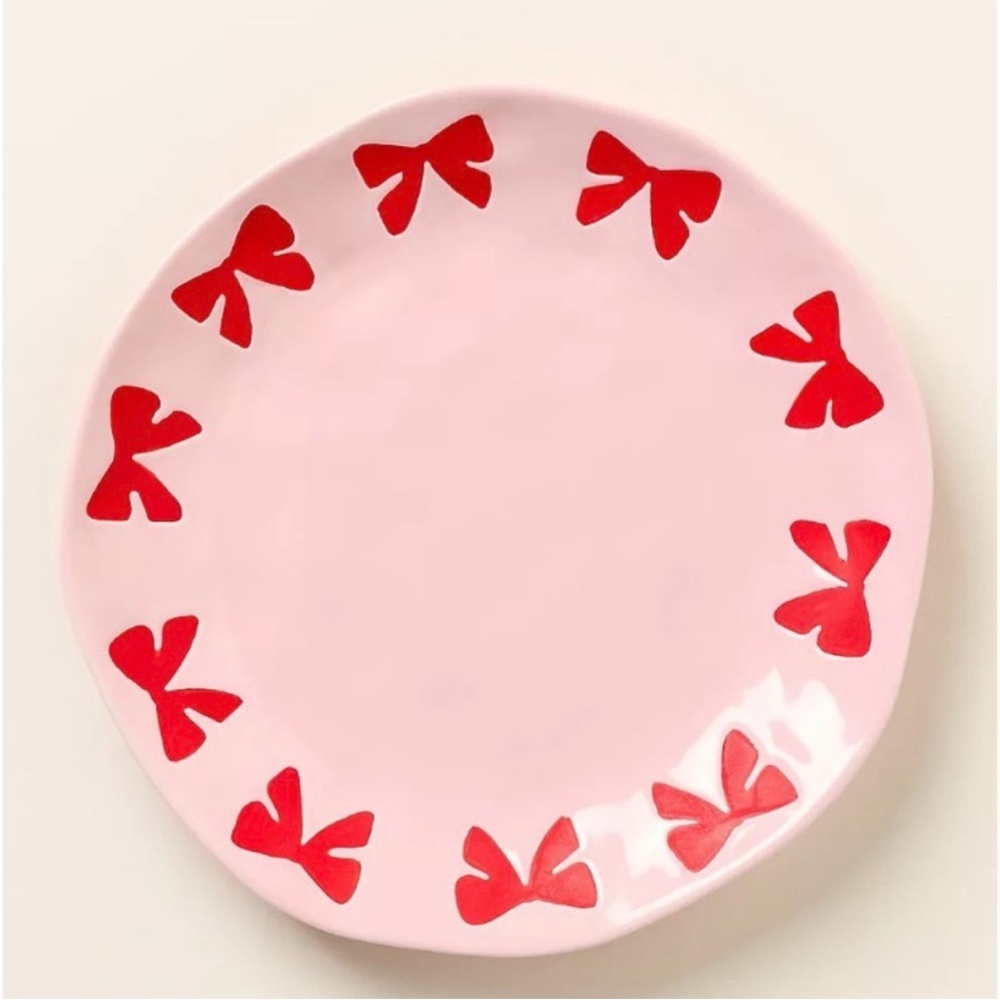 Anthropologie Pink Ceramic Plate with Red Bow Motif